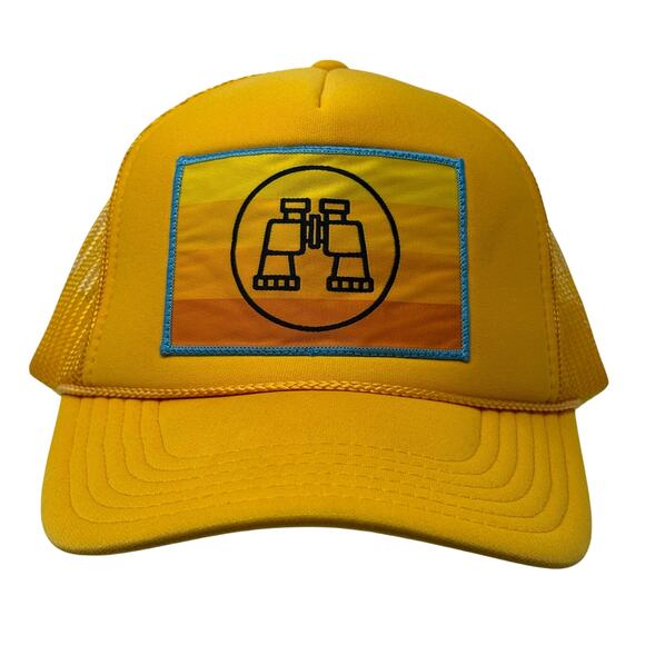 Yellow Trucker Hat Mesh Back Snapback Cap Binocular Patch Sunset Graphic - Picture 1 of 6